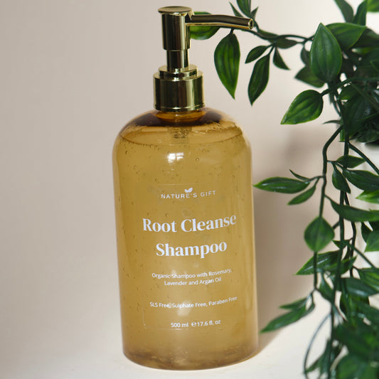 Nature's Gift Root Cleanse Shampoo in a 500ml gold yellow pump bottle — SLS-free, sulphate-free and paraben-free formula with rosemary, lavender and argan oil