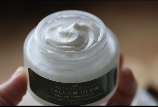 Nature's Gift Tallow Glow whipped tallow cream with organic jojoba and black seed oil — natural organic face moisturiser in a glass jar with bamboo lid, 50g