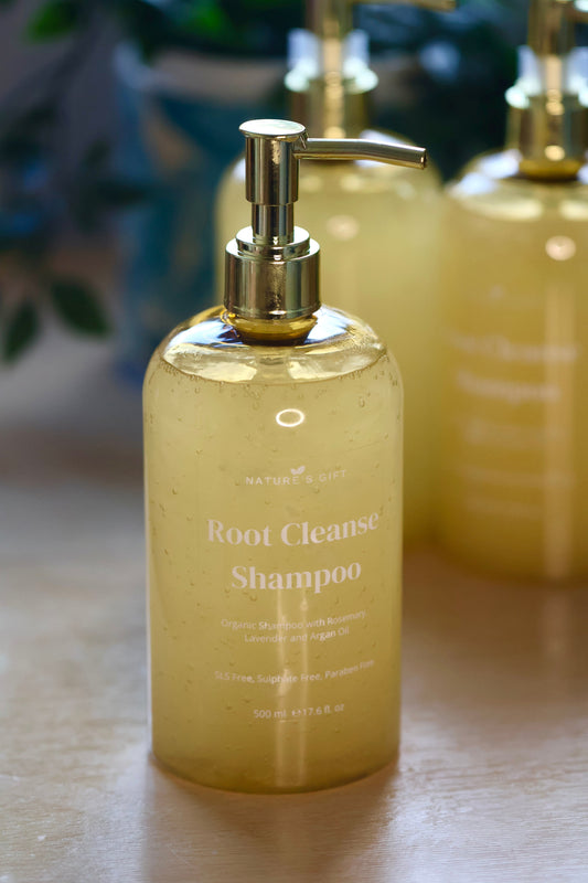 Nature's Gift Root Cleanse sulphate-free shampoo for natural hair growth — 500ml gold pump bottle with rosemary, lavender and argan oil